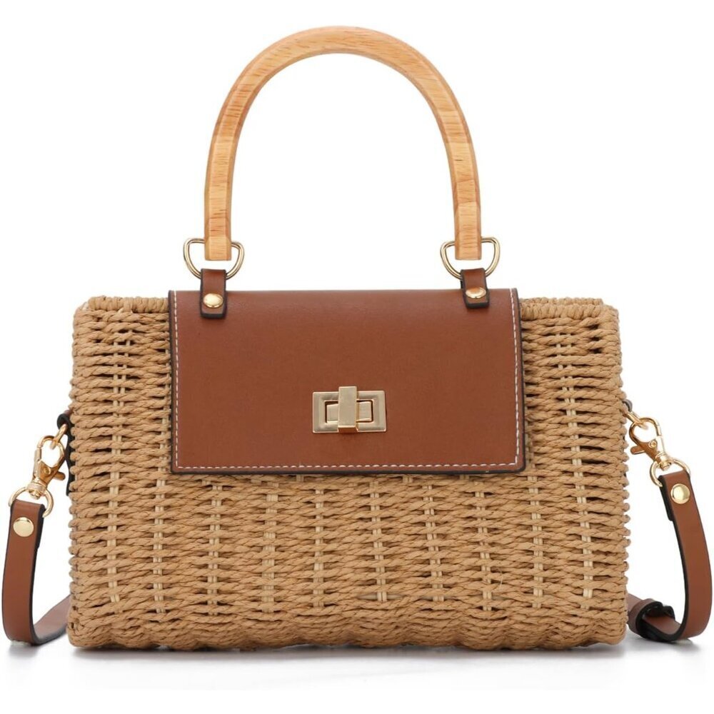 Women's Rattan Straw Crossbody Bag Wood Handle Beach Purse Travel